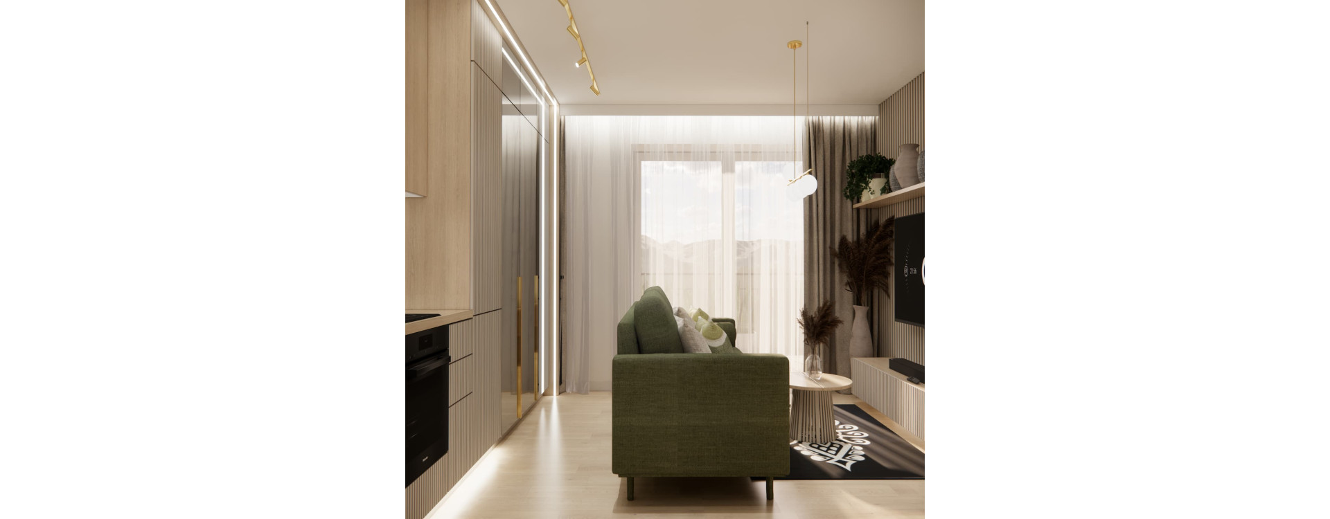 Projekt mieszkania 30 m² – funkcjonalne wnętrze z zieloną sofą, drewnem i górskim motywem