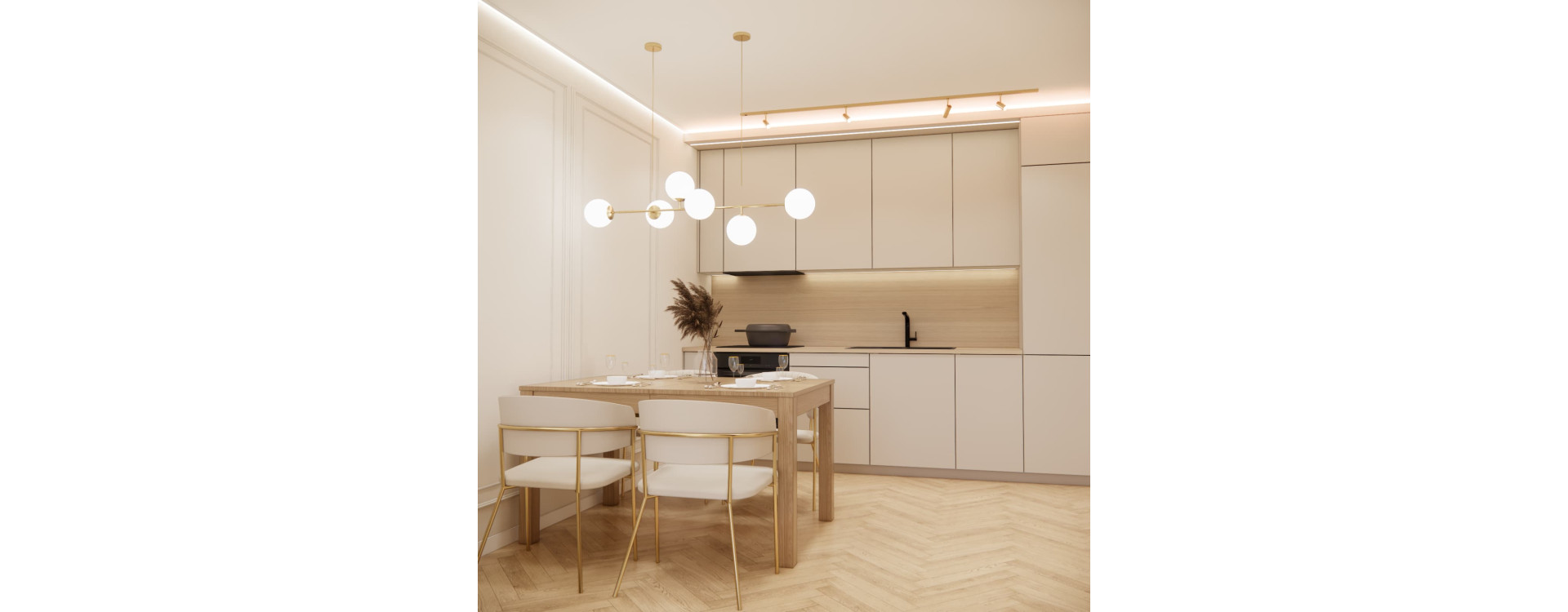 Projekt mieszkania 41 m² w Łasinie – eleganckie wnętrze w beżach, drewnie i złotych detalach