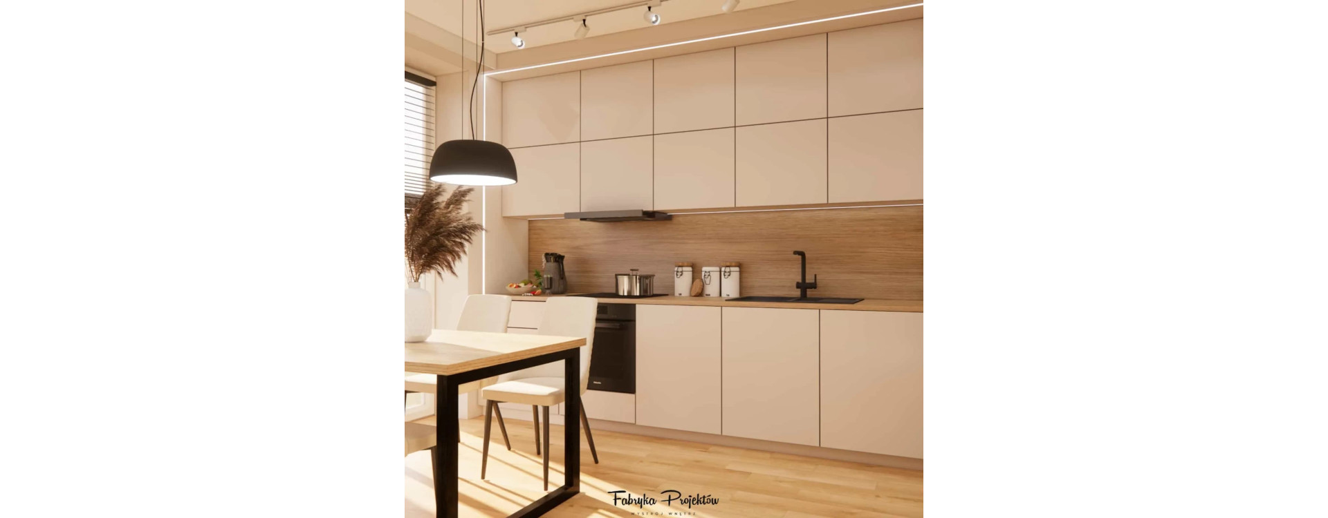 Apartment Design 49m2 in a Block of Flats – Bright, Cohesive Interior Arrangement in Warm Beiges, Wood, and Black