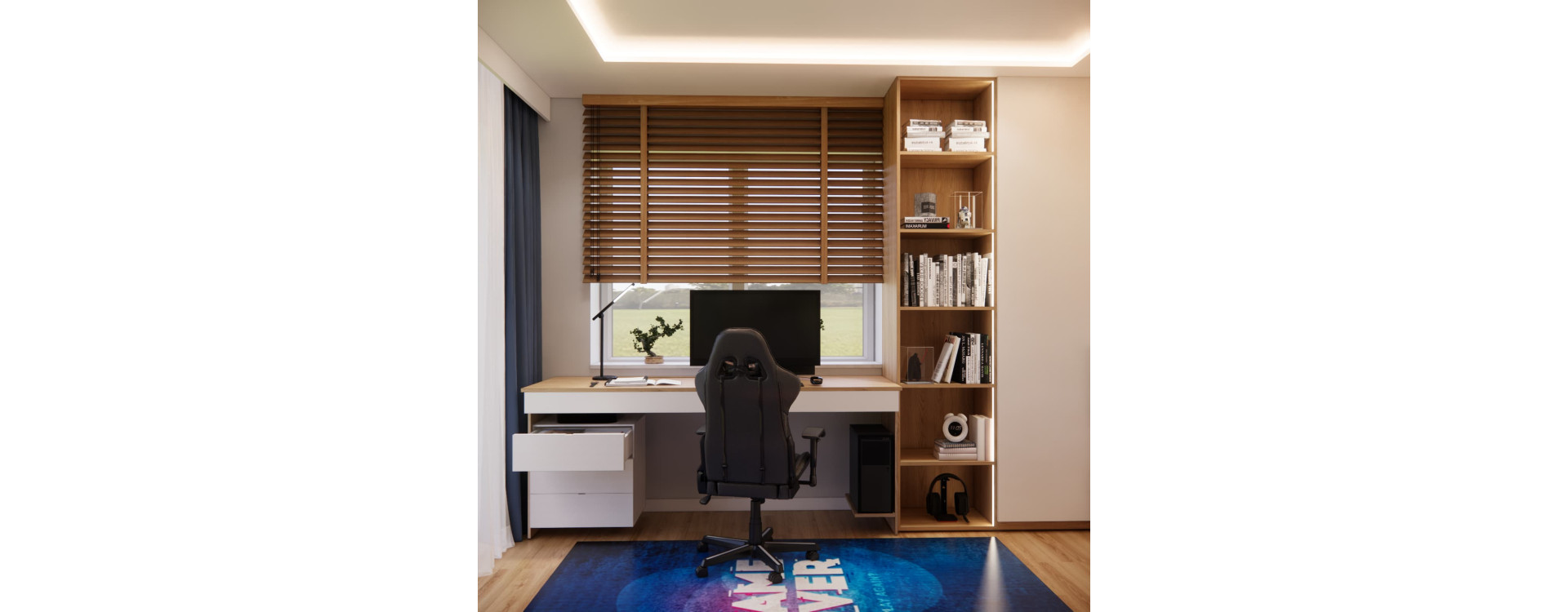 Projekt pokoju dla 13-latka – 14,26 m² w minimalistycznym stylu z drewnem i gamingowym akcentem