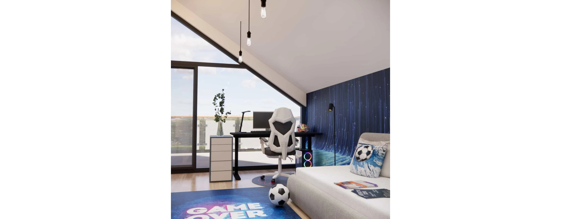 Project of a boy’s room with sloped ceilings – gaming, football, and a functional space