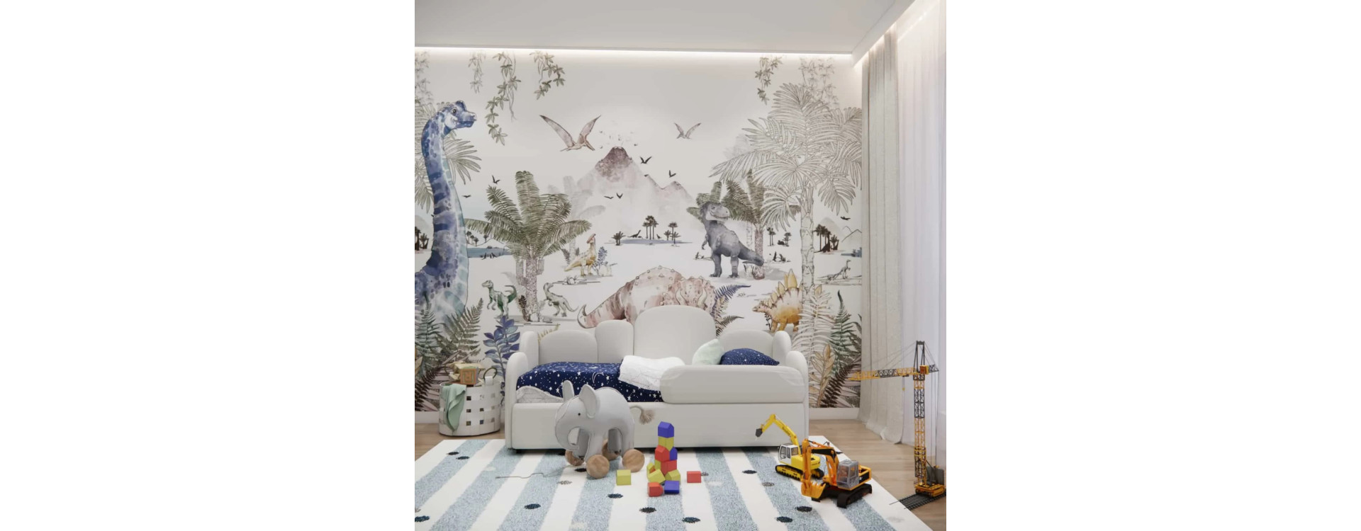 Boy’s Room Design with Dinosaurs – Wallpaper, House-Shaped Furniture and an Upholstered Bed