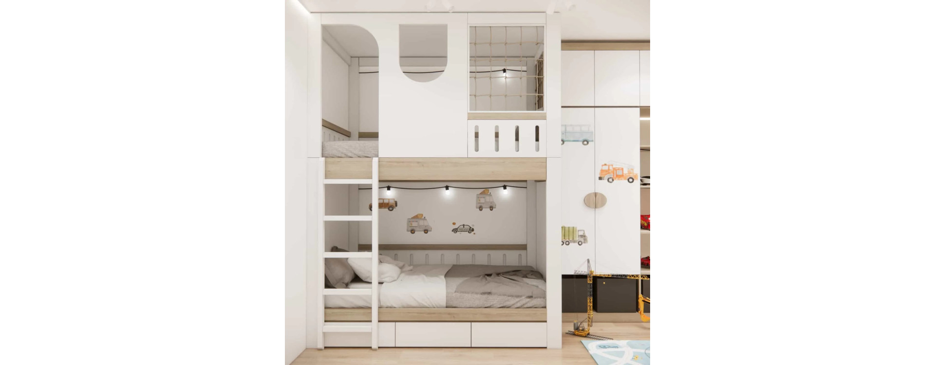 Design of a Room for Two Boys with a Mezzanine – Car Theme and Functional Custom Built-In Furniture