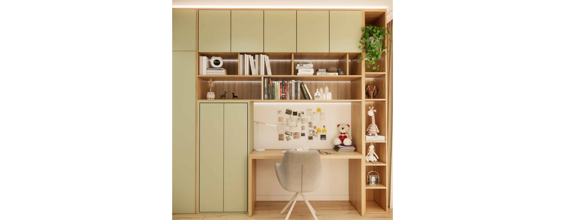 Room Design for a 9-Year-Old Girl – Olive and Beige Interior with Custom Built-In Furniture