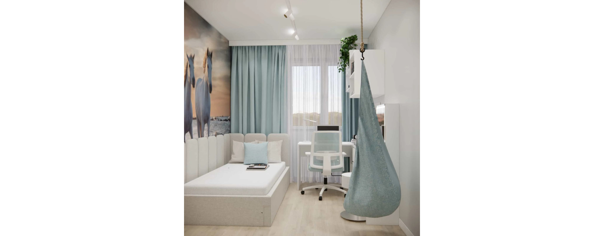 Girls’ Room Design with a Horse Wall Mural, Cocoon Chair, Desk, and Vanity Table
