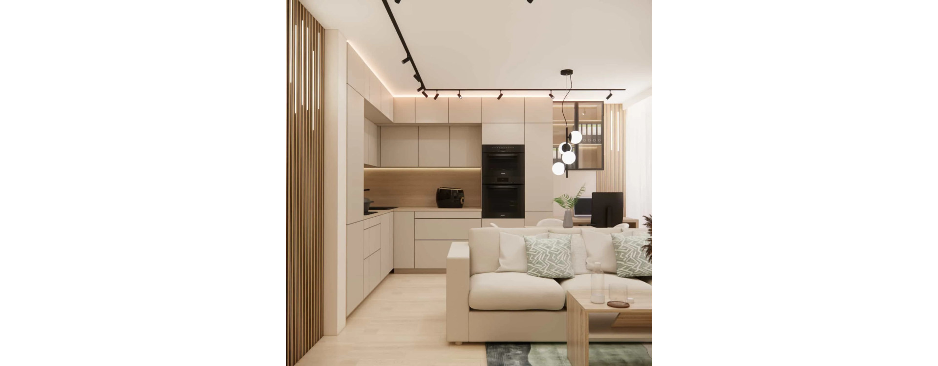 22m2 Living Room with a Kitchenette – Cashmere, Green and Wood Interior Design