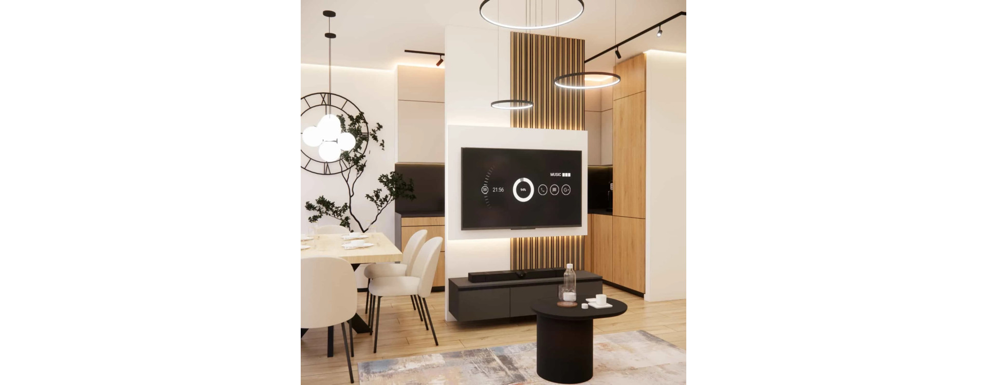 Living Room with Kitchen Annex Design 23.8m2 – Cashmere, Black and Beige Colors