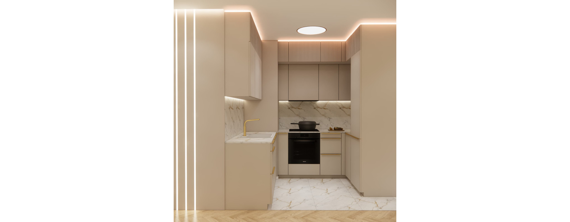 Projekt salonu z aneksem kuchennym i holem 34 m² – eleganckie wnętrze w beżach | Warszawa