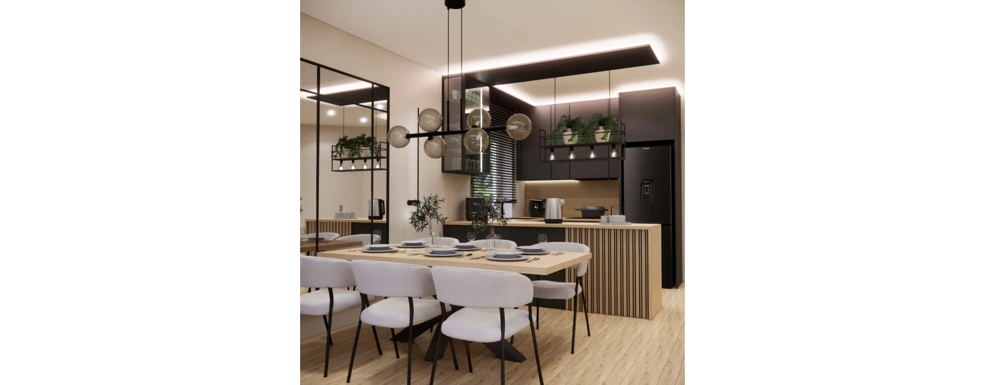Living Room with Kitchen Project 29,52m2 – Modern Elegance in Beige, Black and Wood
