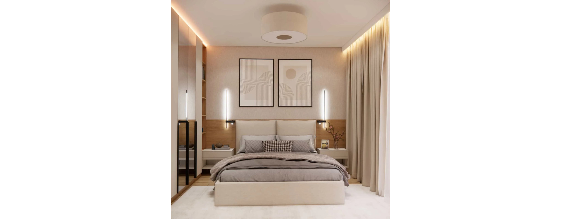 12m2 Bedroom Design in Beige and Wood – Modern, Cozy Bedroom Interior Arrangement