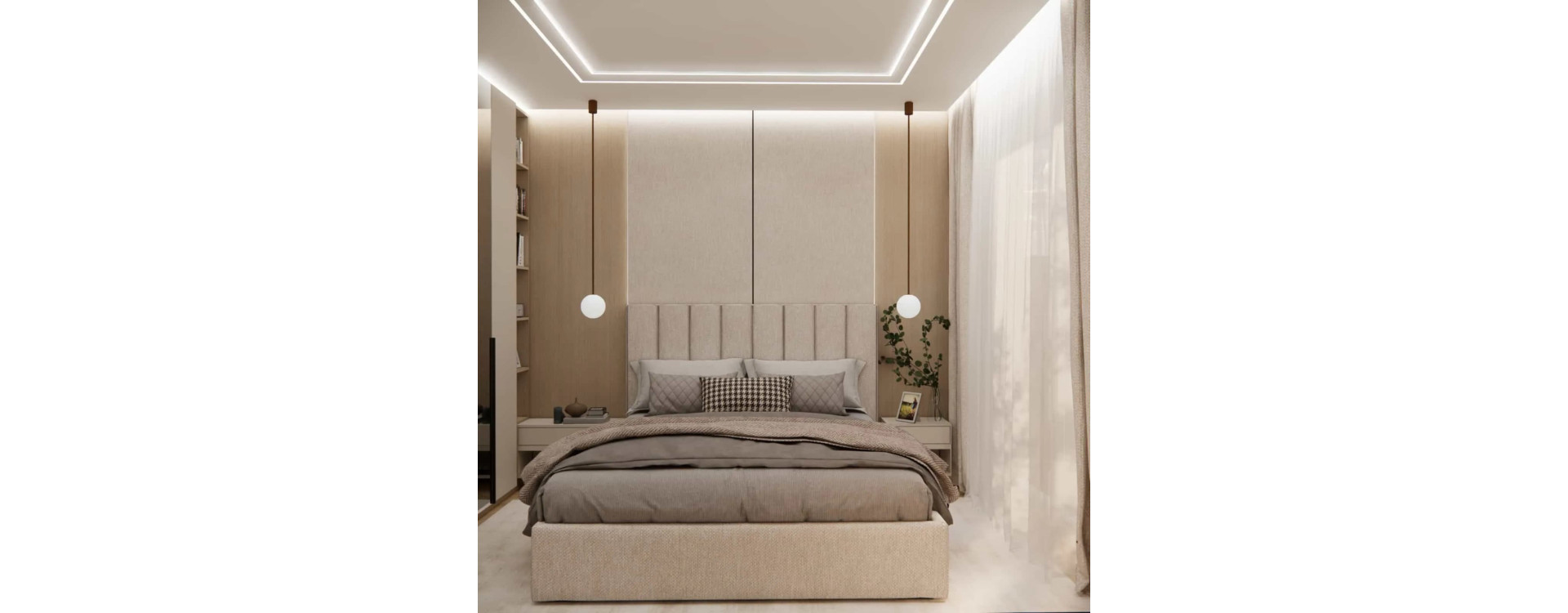 Bedroom design in cashmere tones – upholstered bed, wallpaper and warm wood