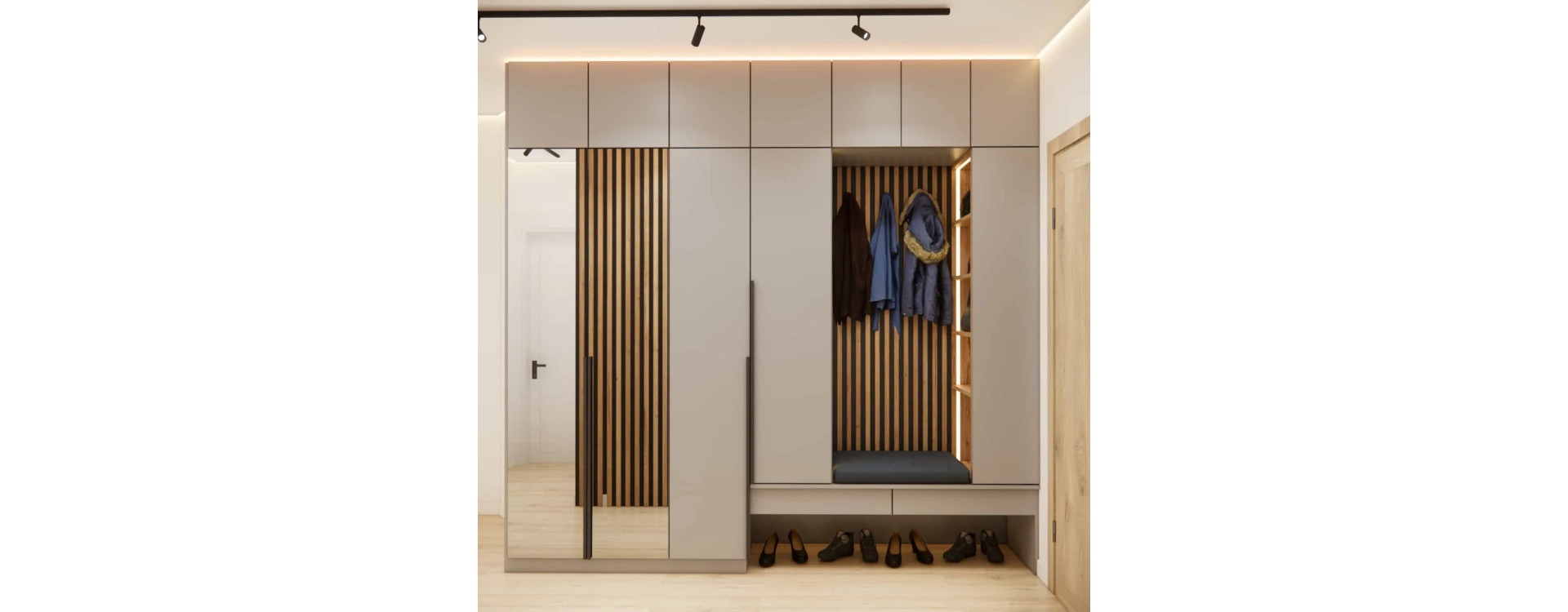 Entryway with a bench, coat hooks, shoe storage and a full-height wardrobe – interior design project
