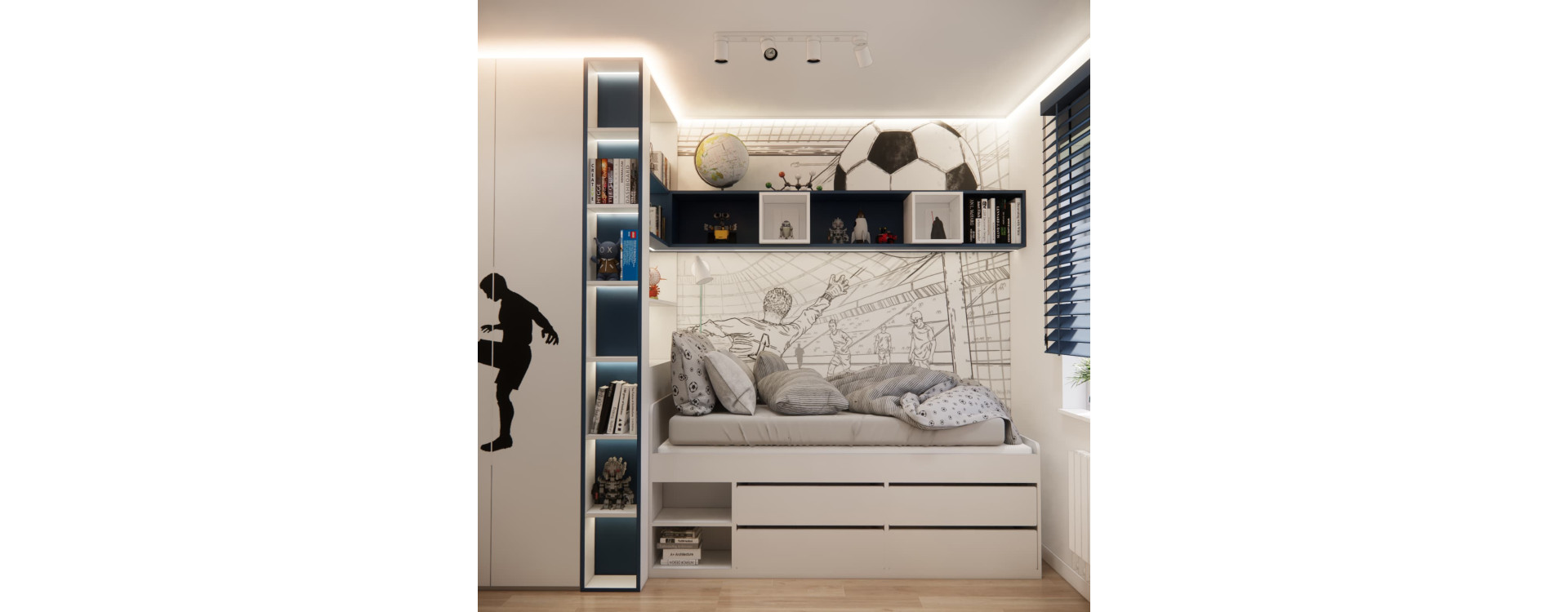 Room Design for a 7-Year-Old Boy – 8 m² Full of Functional Solutions and Football-Inspired Details
