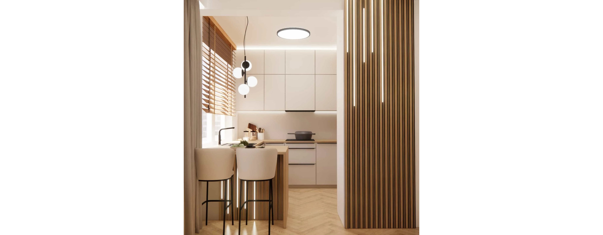 Living Room with Kitchenette 28m2 – Modern Interior Design in Light Tones