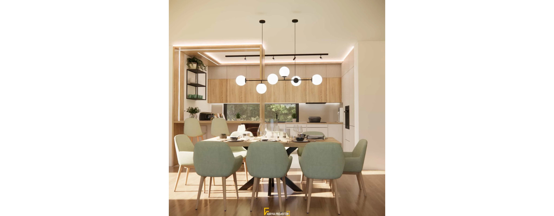 Living Room with Kitchen and Dining Area – Modern Interior in Cashmere, Sage Green and Wood