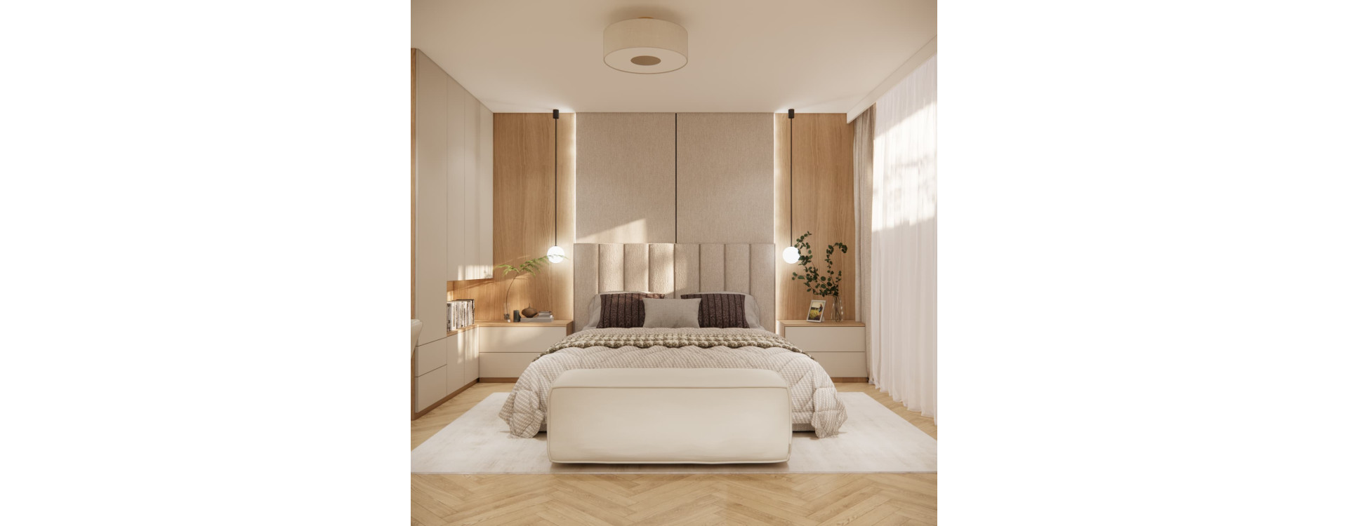 Sypialnia 34 m² z osobną garderobą, toaletką i TV – przytulna aranżacja z zabudową