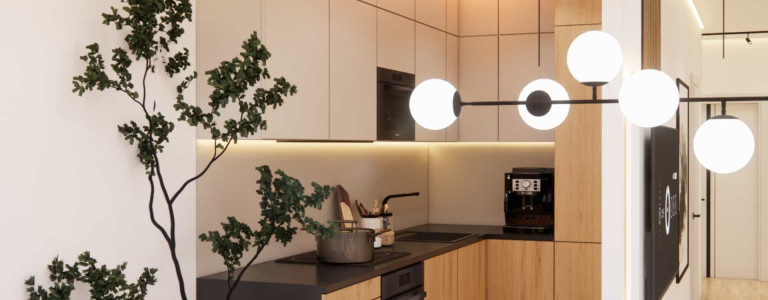 How to Furnish an 84m2 Apartment in a Block of Flats. Interior Design with a Living Room with Kitchenette, Bathroom, and 3 Rooms