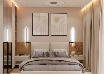 12m2 Bedroom Design in Beige and Wood – Modern, Cozy Bedroom Interior Arrangement