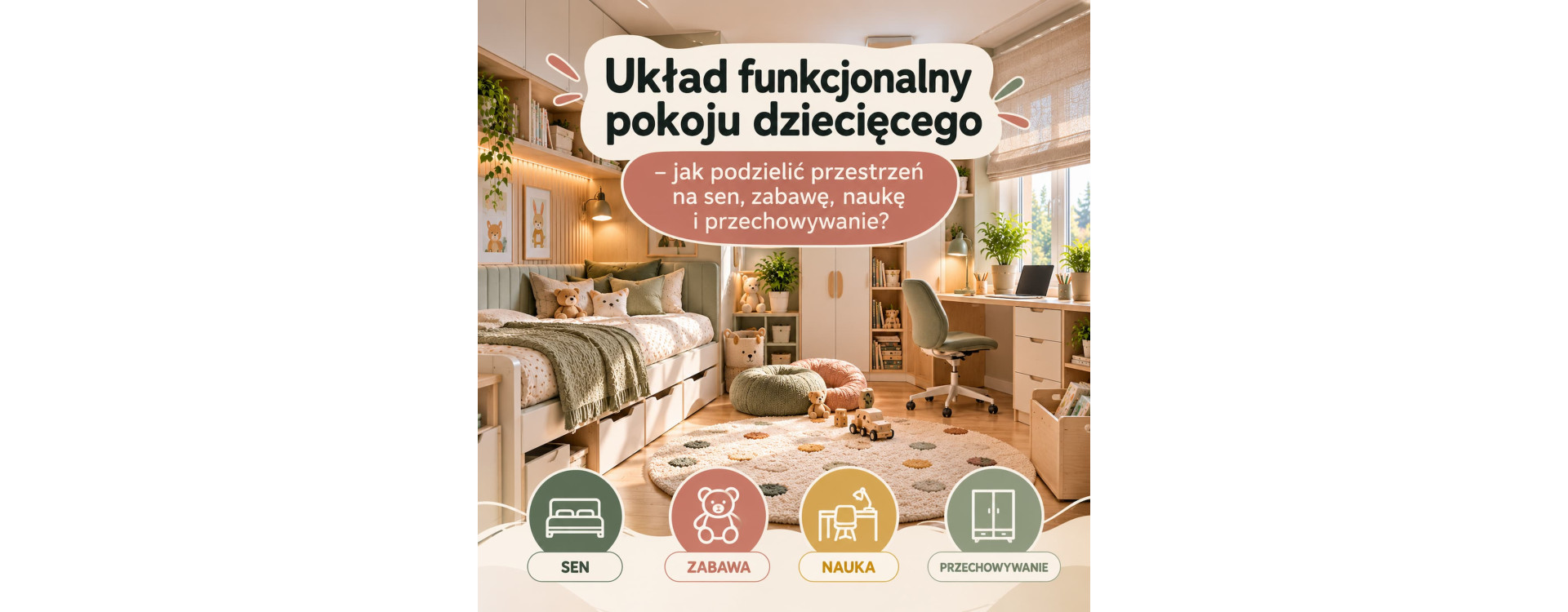 Układ funkcjonalny pokoju dziecięcego – jak podzielić przestrzeń na sen, zabawę, naukę i przechowywanie?