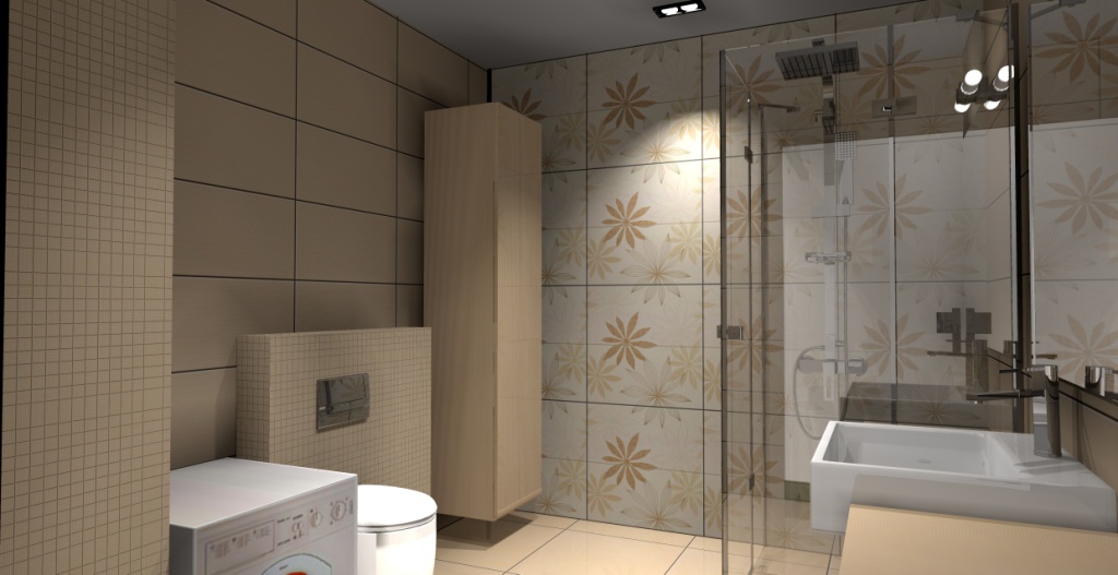 nowoczesna-łazienka-beż-biały-brąz-płytki-motyw-kwiaty-prysznic-narożny-szafka-drewno-pralka