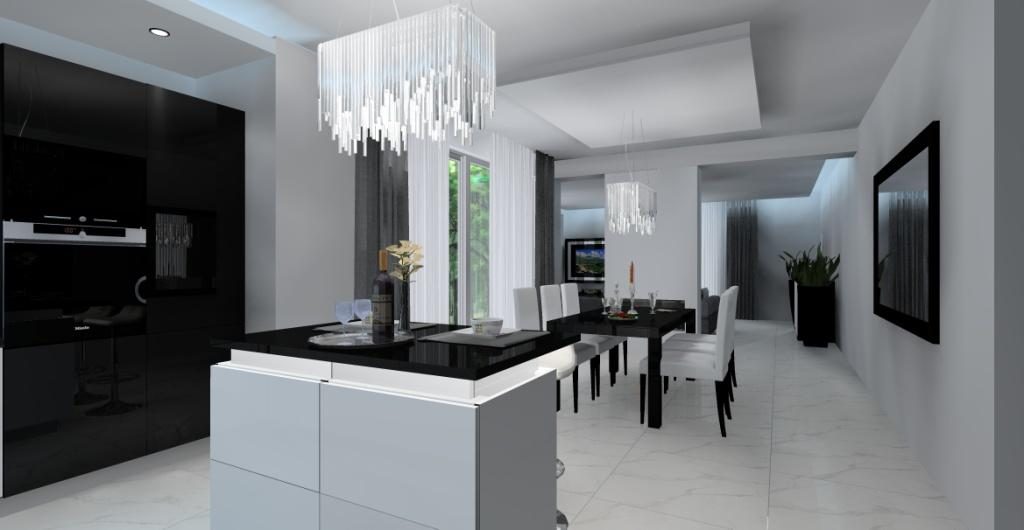 Salon z kuchnią, aranżacja w stylu glamour, czarna wyspa w kuchni, czarny stół